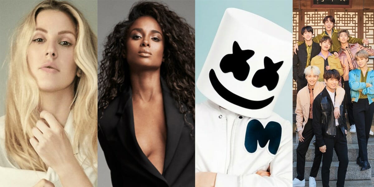 Fotos de Ellie Goulding, Ciara, Marshmello e BTS em montagem uma ao lado da outra, para divulgar o Summer Concert Series do GMA