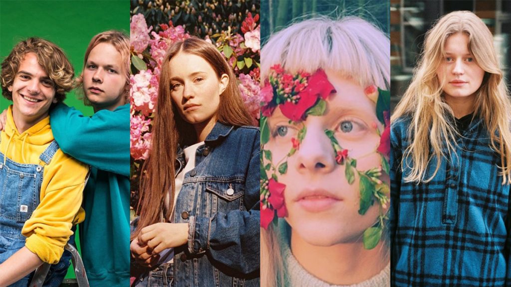 Brenn, Sigrid, Aurora e girl in red para ilustrar a matéria sobre artistas noruegueses