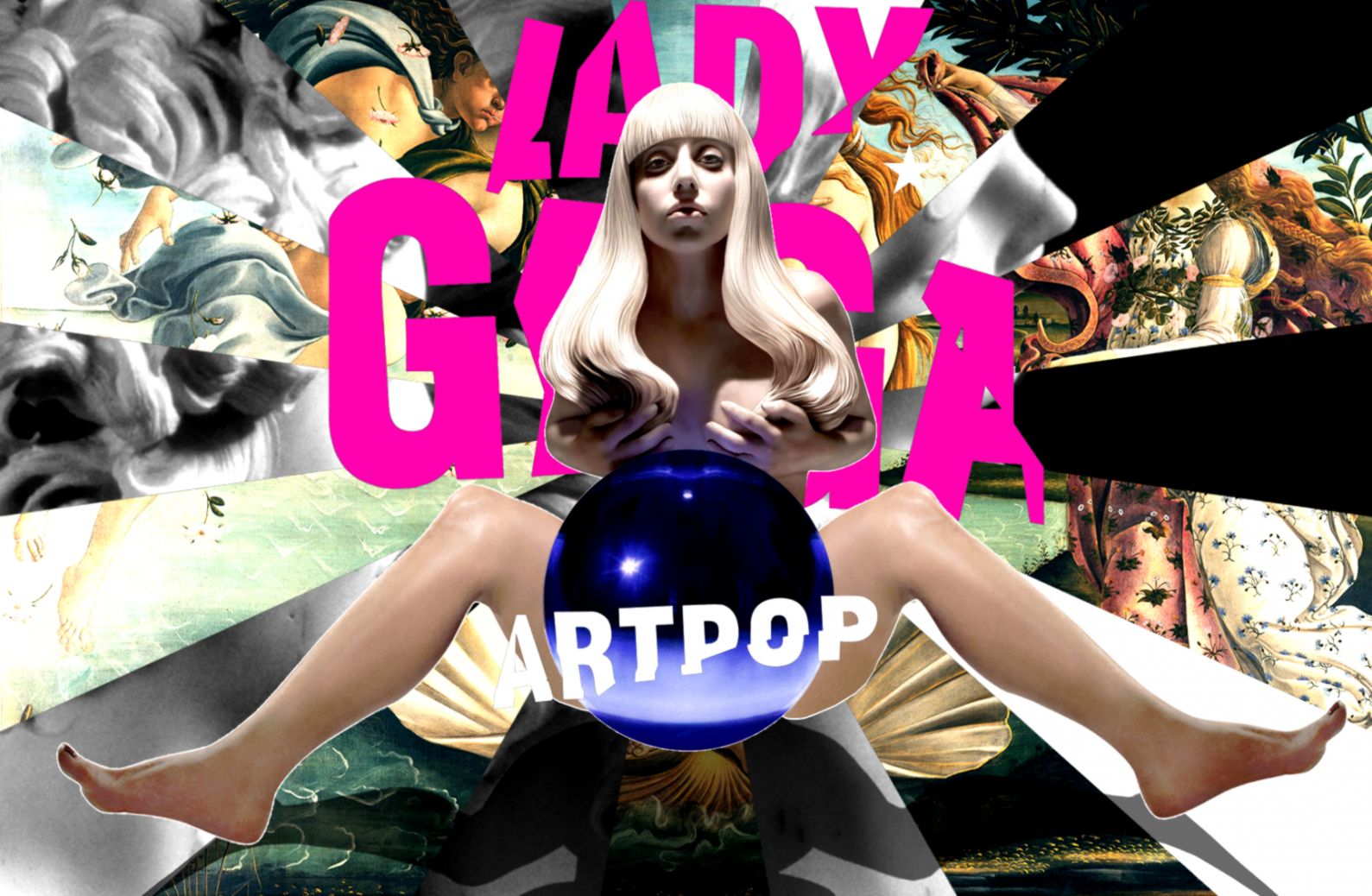 Capa do álbum ARTPOP, de lady gaga. a cantora está no centro, com as pernas abertas e uma bola prateada entre elas. em cima da bola está no nome