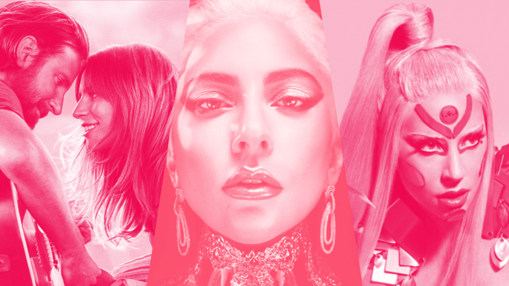 Da esquerda para a direita: o pôster de "Nasce Uma Estrela", em que Lady Gaga apresentou "Shallow"; uma fotografia da cantora para sua marca de maquiagem, Haus Laboratories; e uma imagem promocional do álbum "Chromatica", em que Gaga aparece vestida de rosa.