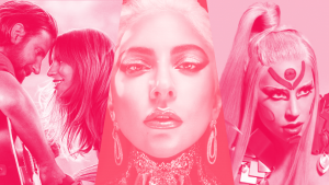 Da esquerda para a direita: o pôster de "Nasce Uma Estrela", em que Lady Gaga apresentou "Shallow"; uma fotografia da cantora para sua marca de maquiagem, Haus Laboratories; e uma imagem promocional do álbum "Chromatica", em que Gaga aparece vestida de rosa.