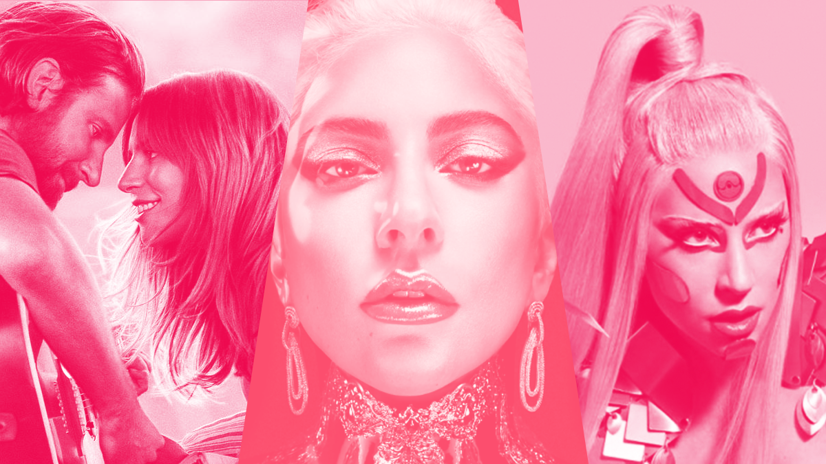 Da esquerda para a direita: o pôster de "Nasce Uma Estrela", em que Lady Gaga apresentou "Shallow"; uma fotografia da cantora para sua marca de maquiagem, Haus Laboratories; e uma imagem promocional do álbum "Chromatica", em que Gaga aparece vestida de rosa.