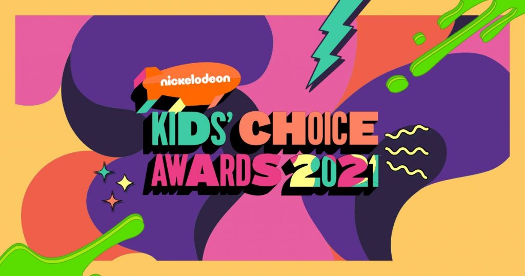 A imagem apresenta uma paleta diversa de cores com roxo, verde, laranja, azul, amarelo, rosa. Ao meio lê-se: Nickelodeon Kids' Choice Awards 2021.