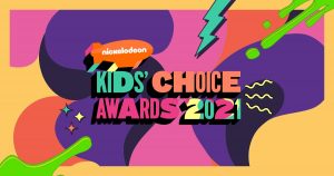 A imagem apresenta uma paleta diversa de cores com roxo, verde, laranja, azul, amarelo, rosa. Ao meio lê-se: Nickelodeon Kids' Choice Awards 2021.