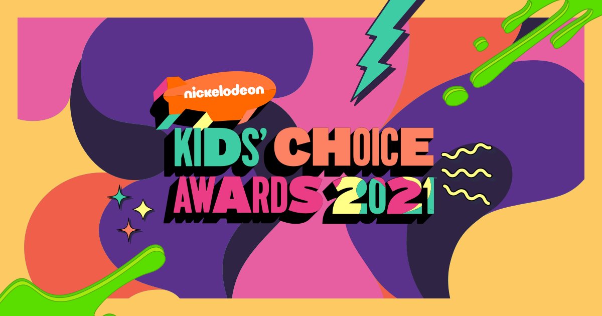 A imagem apresenta uma paleta diversa de cores com roxo, verde, laranja, azul, amarelo, rosa. Ao meio lê-se: Nickelodeon Kids' Choice Awards 2021.
