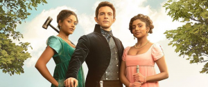imagem promocional Netflix Bridgerton segunda temporada, com Anthony Bridgerton, Edwina e Kate Sharma; imagem ilustrativa texto sobre cada temporada de Bridgerton