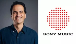 Montagem com duas imagens lado a lado: à esquerda, Ferando Cabral, novo CEO da Sony Music, um homem sorridente de cabelos escuros e camisa azul escura, e à direita, o logotipo da Sony Music, composto por um círculo formado por pequenos pontos vermelhos e o nome da empresa em letras pretas.