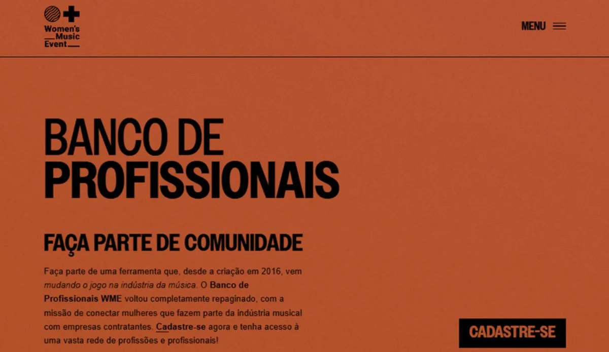 Imagem da nova interface do Banco de Profissionais do WME, com fundo laranja e texto em destaque que convida mulheres da música a se cadastrarem na plataforma. No topo, o logo do Women's Music Event e, no canto inferior direito, o botão “Cadastre-se”