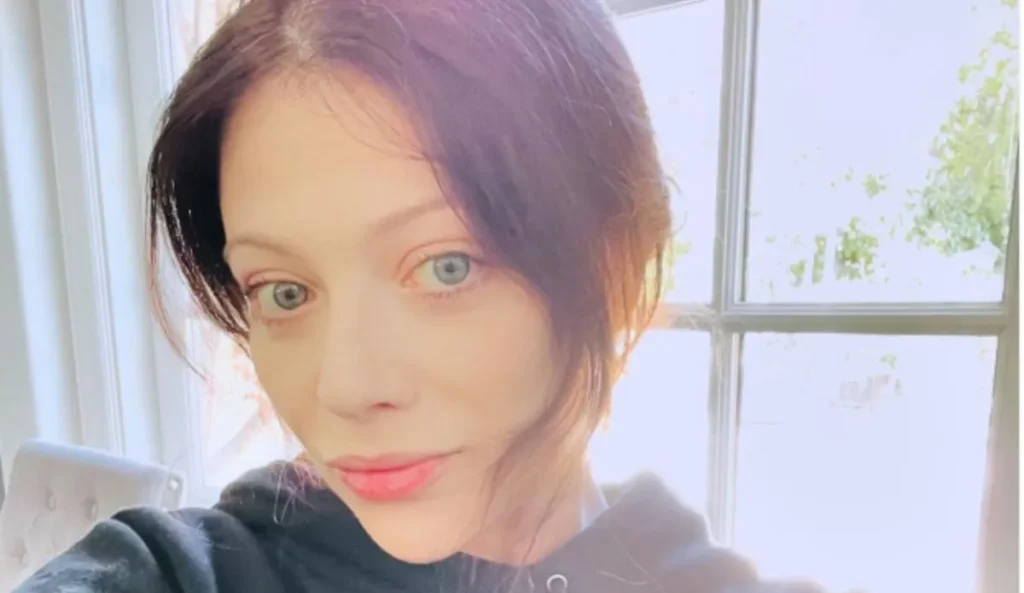 Michelle Trachtenberg está parada em um ambiente interno, próximo a uma janela, com a luz do sol entrando. Ela está vestindo um moletom de cor escura. O fundo inclui uma parede branca e uma cadeira estofada. A janela revela uma cena externa iluminada com vegetação visível