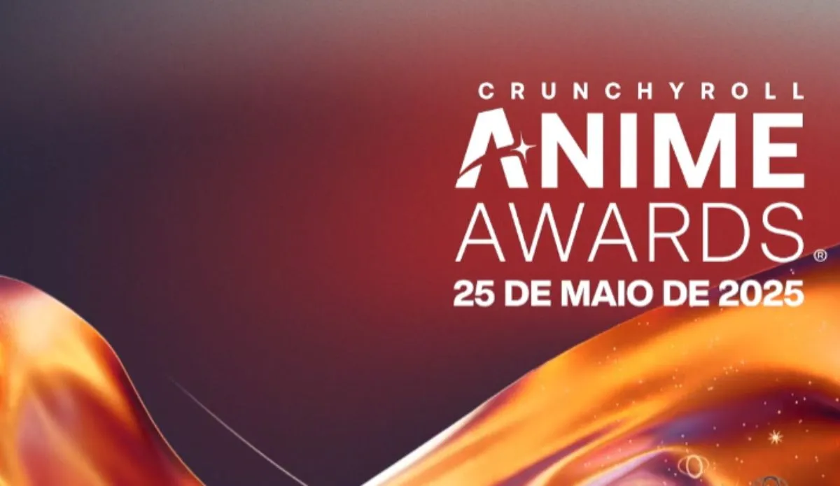 A imagem apresenta um design gráfico promocional do Crunchyroll Anime Awards 2025, com destaque para a data do evento: 25 de maio de 2025. O fundo tem um degradê em tons escuros que se misturam a cores vibrantes, como laranja e dourado, criando um efeito dinâmico e chamativo. Há também elementos gráficos que lembram chamas ou energia fluindo, além de pequenos detalhes brilhantes, como estrelas. O logotipo do evento está em destaque no canto superior direito, com a palavra "ANIME" estilizada, onde a letra "A" possui um brilho especial.