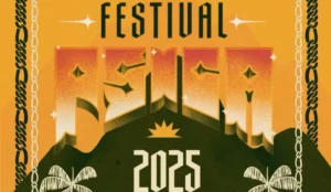 Cartaz oficial do Festival Psica 2025, com fundo em tons de amarelo e laranja, o nome do festival em destaque no topo e a palavra "2025" centralizada abaixo. Elementos gráficos como correntes, estrelas e palmeiras compõem o visual, remetendo à estética amazônica e urbana