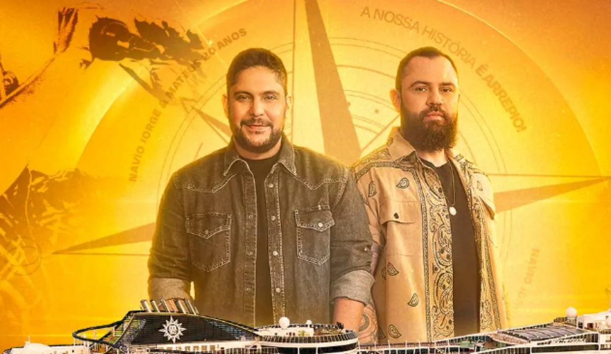 Imagem promocional do Navio temático Jorge e Mateus – 20 Anos. A dupla sertaneja aparece em destaque, com Jorge à esquerda usando uma jaqueta jeans e Mateus à direita com camisa estampada e colar. Ao fundo, um fundo dourado com bússola estilizada e a frase “A nossa história é de arrepiar!”. Na parte inferior, aparece o cruzeiro MSC Preziosa, navio onde acontecerá o evento em 2026