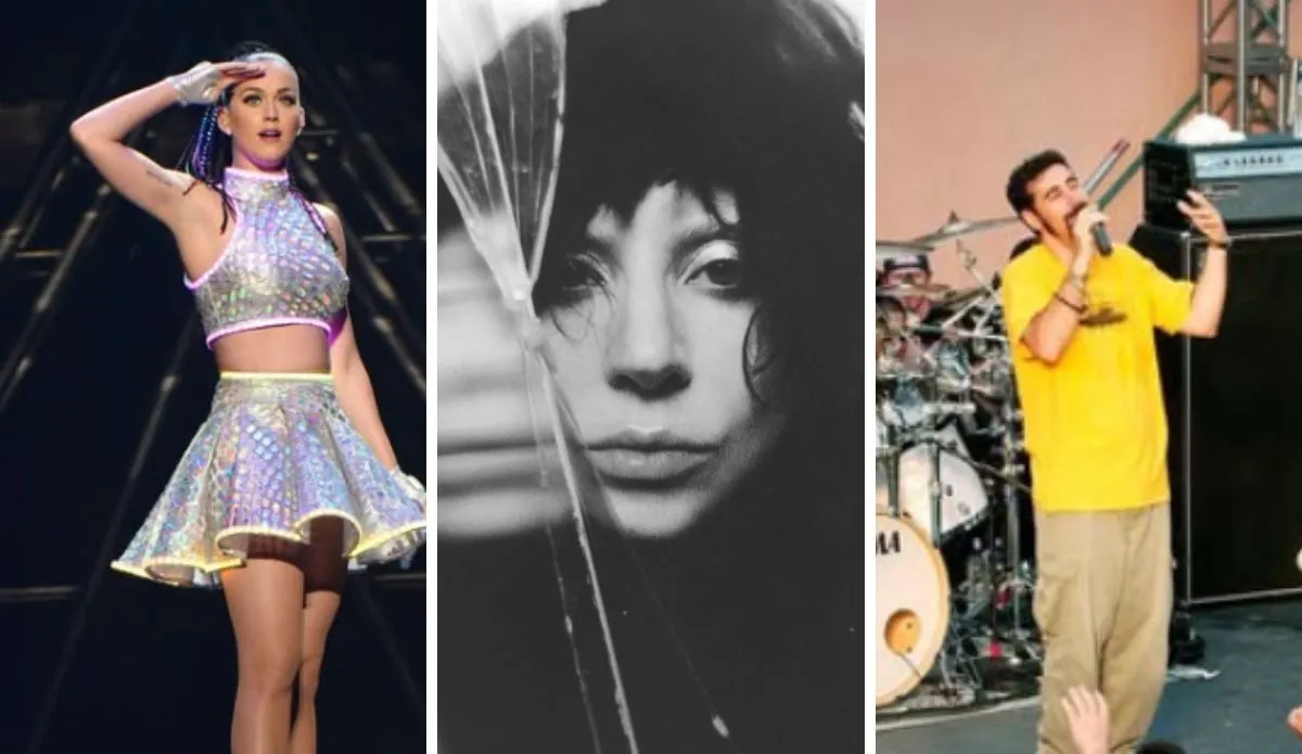 Montagem com três artistas internacionais: Katy Perry em apresentação com roupa brilhante, Lady Gaga em foto em preto e branco com expressão séria, e Serj Tankian, do System of a Down, cantando em um palco ao ar livre
