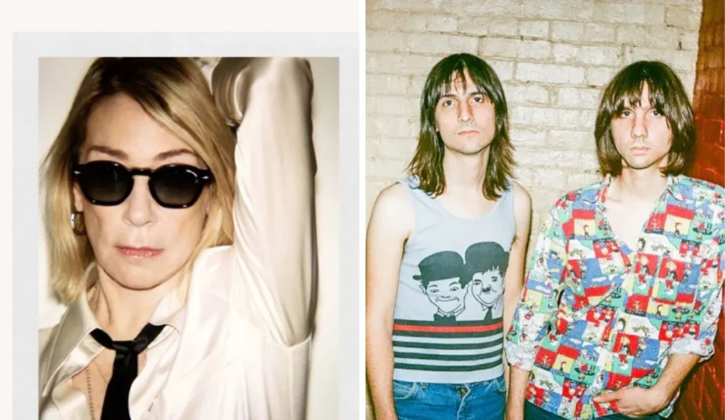 Montagem com Kim Gordon usando óculos escuros e camisa branca, ao lado dos irmãos da banda The Lemon Twigs posando em frente a uma parede de tijolos