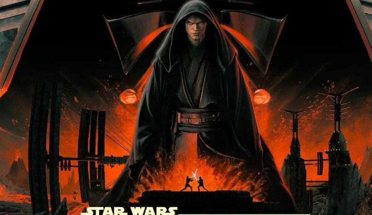 Pôster de "Star Wars: A Vingança dos Sith" mostra Anakin Skywalker com capuz em destaque, cercado por tons vermelhos e cena de duelo com sabres de luz ao fundo