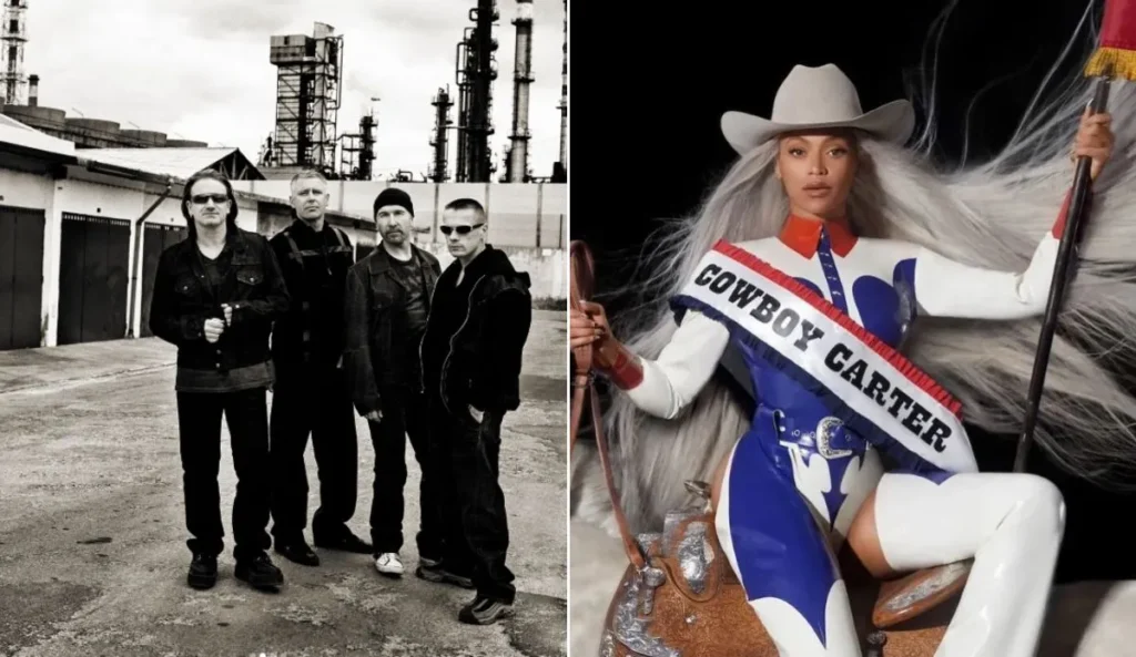 Montagem com a banda U2 em preto e branco à esquerda e Beyoncé vestida como cowgirl com faixa 'Cowboy Carter' à direita; ambos cogitados para shows gratuitos em Copacabana, no Rio de Janeiro