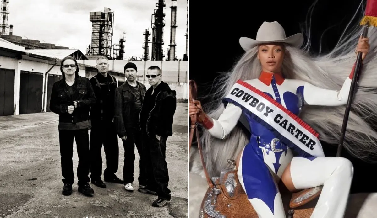 Montagem com a banda U2 em preto e branco à esquerda e Beyoncé vestida como cowgirl com faixa 'Cowboy Carter' à direita; ambos cogitados para shows gratuitos em Copacabana, no Rio de Janeiro