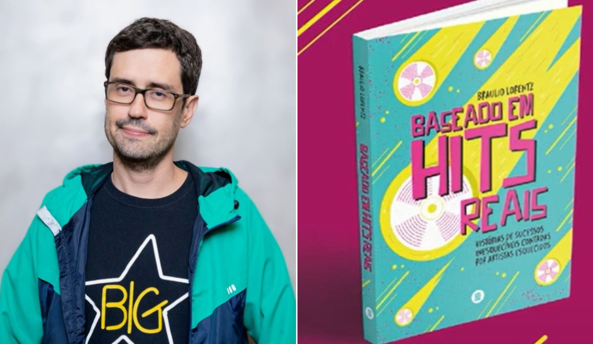 Braulio Lorentz e capa do livro "Baseado em Hits Reais", que revela histórias por trás de grandes sucessos da música brasileira