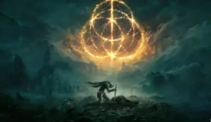Arte oficial de Elden Ring com o símbolo do Anel Prístino brilhando no céu enquanto o Maculado ajoelha diante de sua espada em um cenário sombrio e devastado.