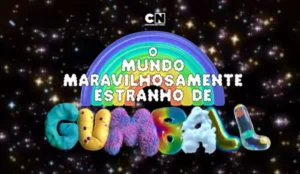 Logo colorido da nova temporada de O Incrível Mundo de Gumball, com fundo estelar e arco-íris, destacando o título “O Mundo Maravilhosamente Estranho de Gumball”