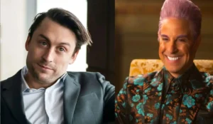 Kieran Culkin à esquerda e Stanley Tucci como Caesar Flickerman à direita em montagem de divulgação de “Jogos Vorazes: Amanhecer na Colheita”