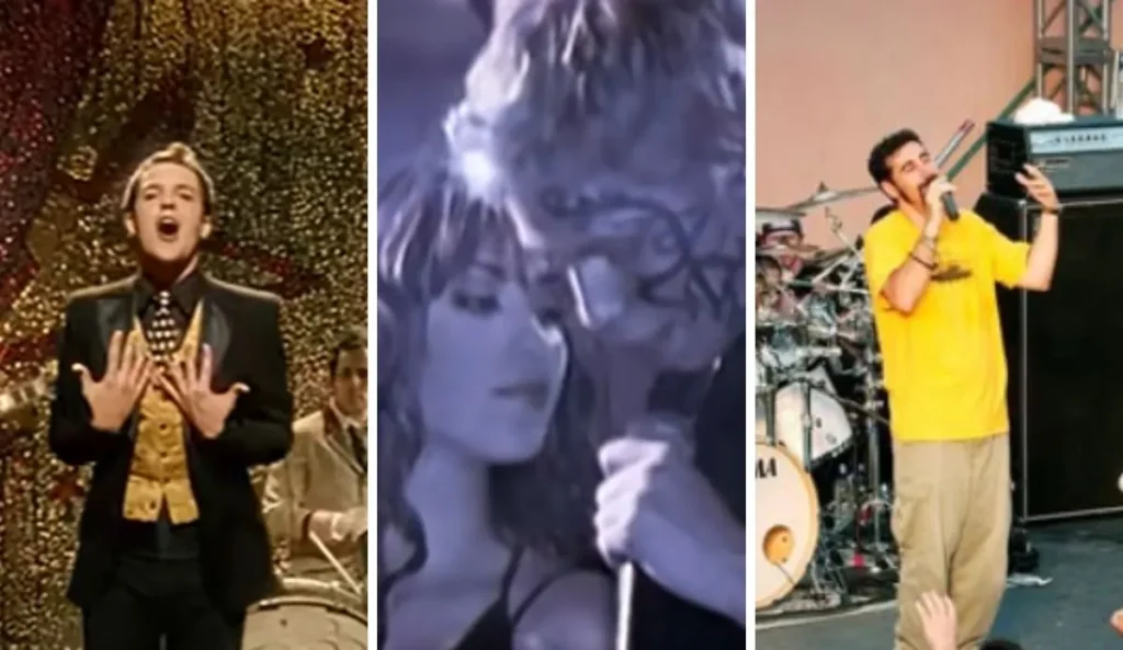 Montagem com três imagens de videoclipes marcantes de 2005: Brandon Flowers, do The Killers, em “Mr. Brightside”; Anahí e Christian Chávez no clipe de "Solo Quédate en Silencio"; e Serj Tankian, do System Of A Down, cantando em um show ao vivo.
