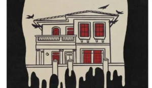Ilustração da fachada de uma casa em estilo clássico com janelas vermelhas e detalhes sombrios, representando o mistério da série documental "A Mulher da Casa Abandonada"