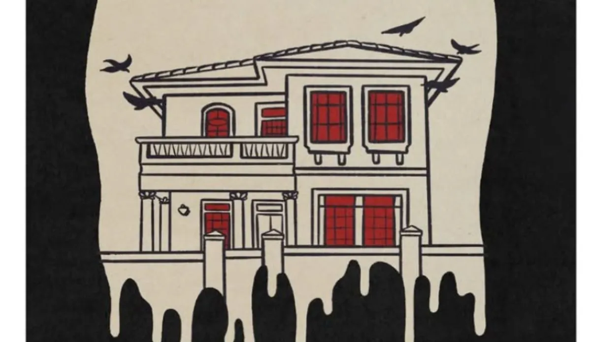 Ilustração da fachada de uma casa em estilo clássico com janelas vermelhas e detalhes sombrios, representando o mistério da série documental "A Mulher da Casa Abandonada"