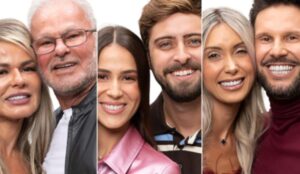 Montagem com os casais "Casais Cris e Kadu Moliterno, Nat e Eike Duarte, e Talira e Pessina, que disputam a 9ª DR do Power Couple Brasil 7