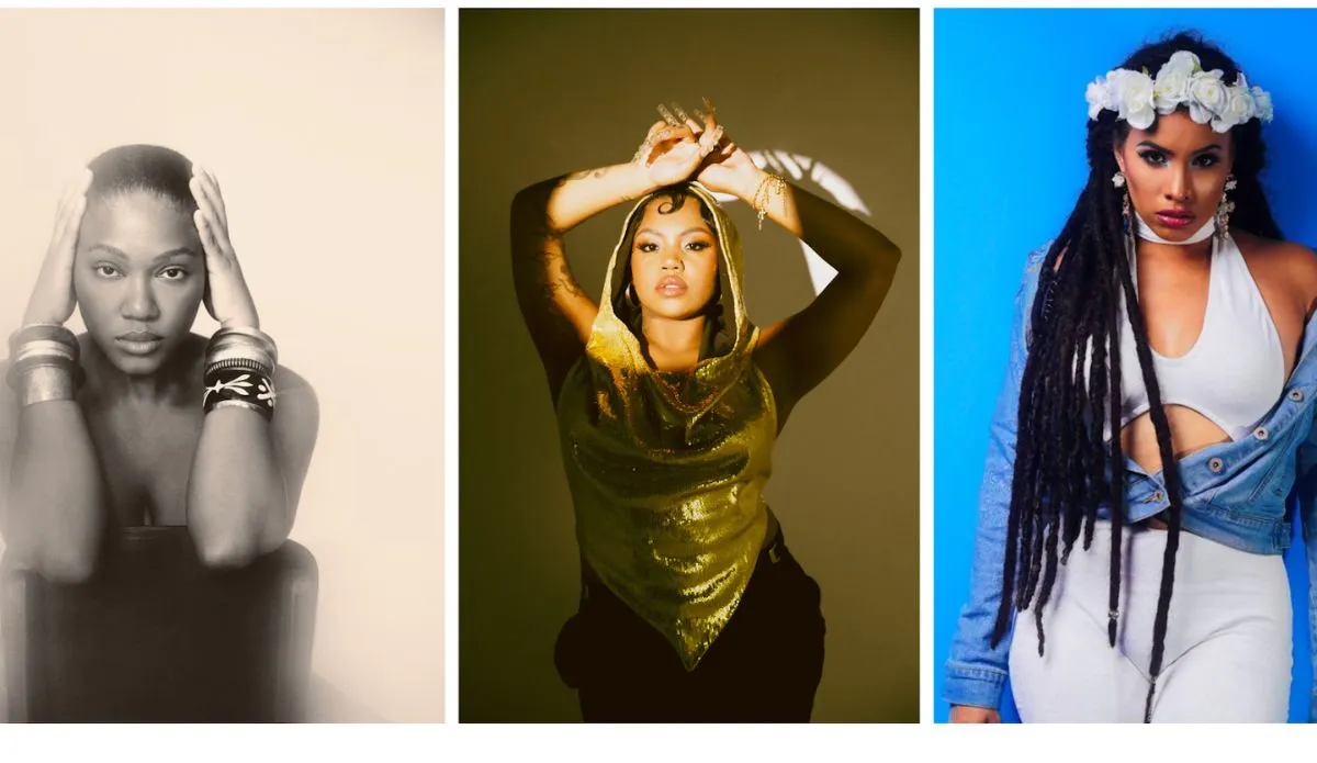 Montagem com retratos das artistas confirmadas no Festival Latinidades 2025. À esquerda, Luedji Luna em foto em preto e branco, com as mãos na cabeça. Ao centro, Duquesa veste capuz dourado brilhante e posa com os braços levantados. À direita, Nessa Preppy aparece com coroa de flores brancas, blusa recortada e jaqueta jeans contra fundo azul.
