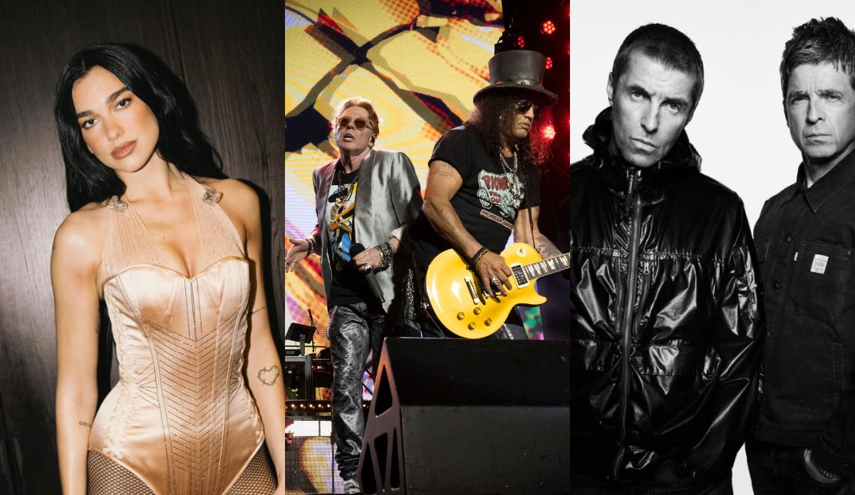 Montagem com três artistas internacionais que farão shows no Brasil em 2025. À esquerda, Dua Lipa posa com um corset nude; ao centro, Axl Rose e Slash do Guns N’ Roses se apresentam no palco; à direita, Liam e Noel Gallagher da banda Oasis posam com expressão séria em foto em preto e branco.