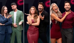 Imagem promocional do Power Couple Brasil 7 com os três casais na última DR da temporada. Da esquerda para a direita: Carol e Radamés, Rayanne e Victor, Tali e Rafa. Cada dupla posa com expressões divertidas e figurinos estilosos diante de um fundo escuro com elementos gráficos do programa.