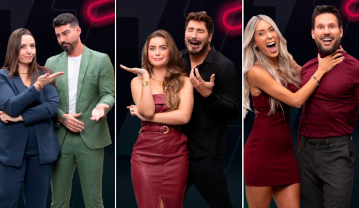 Imagem promocional do Power Couple Brasil 7 com os três casais na última DR da temporada. Da esquerda para a direita: Carol e Radamés, Rayanne e Victor, Tali e Rafa. Cada dupla posa com expressões divertidas e figurinos estilosos diante de um fundo escuro com elementos gráficos do programa.