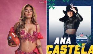Imagem dividida em duas partes: à esquerda, Karol G posa diante de um fundo rosa, usando um conjunto rosa brilhante com pedrarias e segurando uma bola de futebol americano; à direita, cartaz promocional de Ana Castela para o NFL São Paulo Game 2025, em que a cantora veste chapéu e roupa preta, com o logotipo da NFL e o texto “São Paulo Game” na parte inferior.