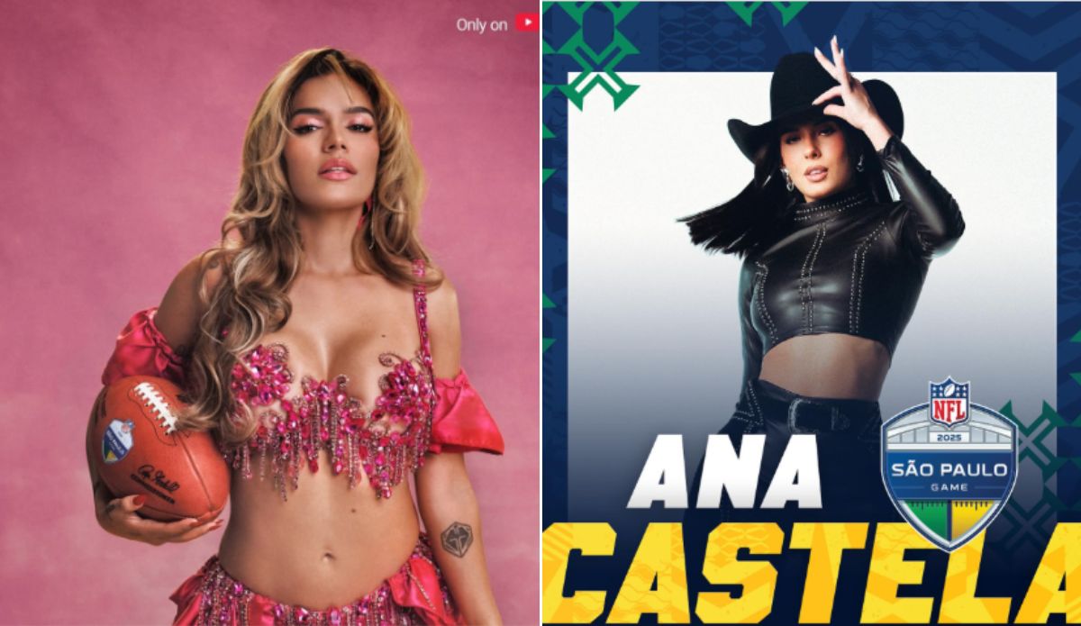 Imagem dividida em duas partes: à esquerda, Karol G posa diante de um fundo rosa, usando um conjunto rosa brilhante com pedrarias e segurando uma bola de futebol americano; à direita, cartaz promocional de Ana Castela para o NFL São Paulo Game 2025, em que a cantora veste chapéu e roupa preta, com o logotipo da NFL e o texto “São Paulo Game” na parte inferior.