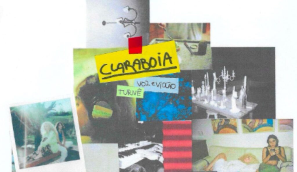 Pôster da turnê “Claraboia – Voz e Violão” de ANAVITÓRIA, com colagem de fotos, anotações coloridas e destaque para o título do novo projeto da dupla.