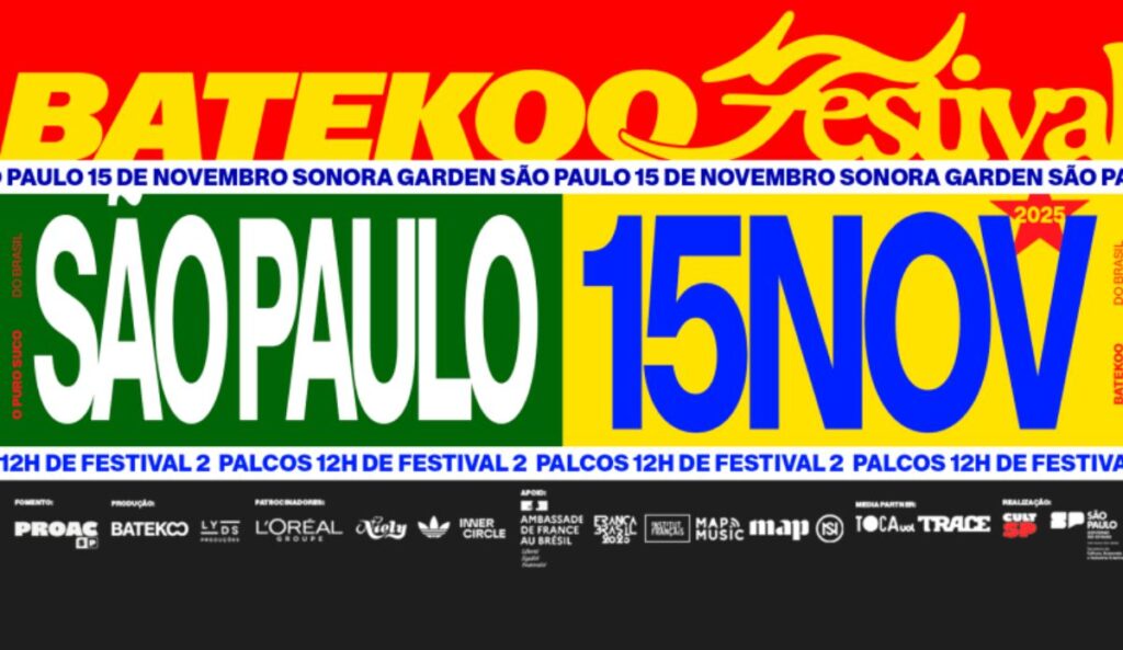 Arte oficial do BATEKOO Festival 2025 em São Paulo, com data de 15 de novembro destacada em cores vibrantes.