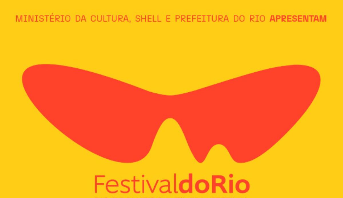 Logo oficial do Festival do Rio, com fundo amarelo e forma vermelha estilizada que remete a asas ou uma máscara, acompanhada do texto “Festival do Rio” e dos créditos do Ministério da Cultura, Shell e Prefeitura do Rio.