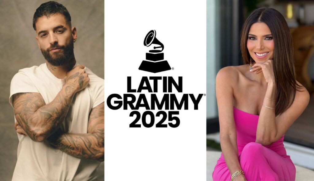 Imagem promocional do Latin GRAMMY 2025 mostrando, à esquerda, Maluma de camiseta branca e braços cruzados, ao centro o logotipo oficial da premiação, e à direita Roselyn Sánchez vestindo macacão rosa e sorrindo.