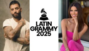 Imagem promocional do Latin GRAMMY 2025 mostrando, à esquerda, Maluma de camiseta branca e braços cruzados, ao centro o logotipo oficial da premiação, e à direita Roselyn Sánchez vestindo macacão rosa e sorrindo.