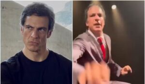 Montagem mostra o ator Mateus Solano em dois momentos: à esquerda, ele aparece sério usando camiseta preta; à direita, é visto no palco durante uma cena da peça O Figurante, no instante em que se inclina para dar um tapa em um celular na plateia.