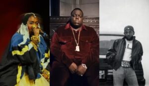 Montafgem com três ícones do rap lado a lado: Mrs. Lauryn Hill, The Notorious B.I.G. e Kendrick Lamar