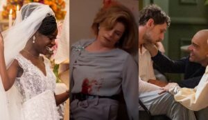 Montagem com cenas de Vale Tudo (2025) mostra casamento de Daniela, morte de Odete Roitman e reencontro entre personagens; veja o resumo de 13 e 18 de outubro.
