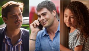 Montagem mostra três cenas de Dona de Mim: Vanderosn com expressão séria; Samuel sorrindo enquanto fala ao telefone; e Sofia observando algo pela porta.
