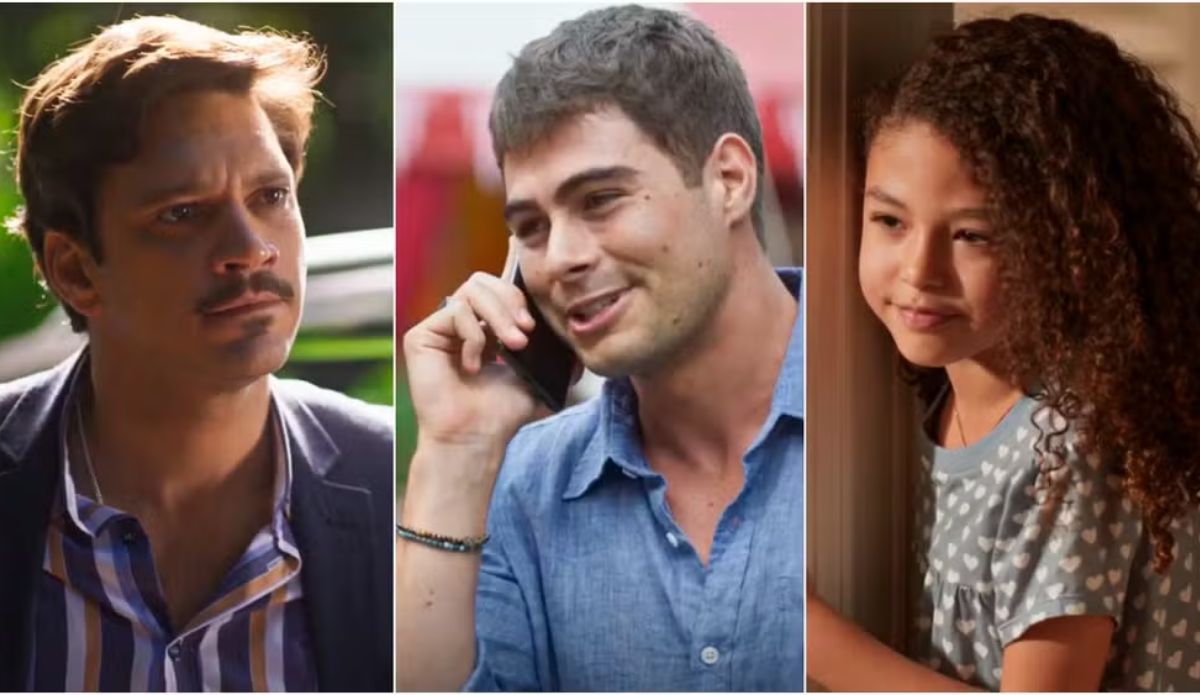 Montagem mostra três cenas de Dona de Mim: Vanderosn com expressão séria; Samuel sorrindo enquanto fala ao telefone; e Sofia observando algo pela porta.