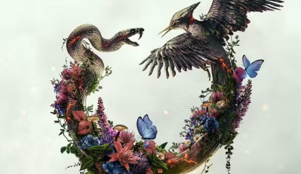 Ilustração oficial de “Jogos Vorazes: Amanhecer na Colheita”, mostrando uma cobra e um pássaro em confronto, formando um círculo decorado com flores e borboletas ao redor.