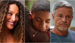 Montagem com três cenas de Dona de Mim: à esquerda, Sol sorrindo; ao centro, Leo e Marlon abraçados; e à direita Jaques com expressão séria olhando para frente.