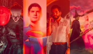 Montagem com destaques do entretenimento em 2025, reunindo Pennywise de “It”, Superman, Wagner Moura em “O Agente Secreto” e personagens de “Wicked”, representando os melhores filmes e séries de 2025.