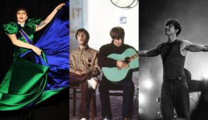 Montagem com três artistas que marcaram os melhores shows de 2025 no Brasil: à esquerda, Lady Gaga com um vestido verde e azul esvoaçante; ao centro, os irmãos Noel e Liam Gallagher, do Oasis, sentados com violão; e à direita, Shawn Mendes sorrindo e abrindo os braços durante apresentação ao vivo.