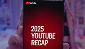 Tela de celular exibindo o card “2025 YouTube Recap” em fundo vermelho dentro do aplicativo do YouTube.